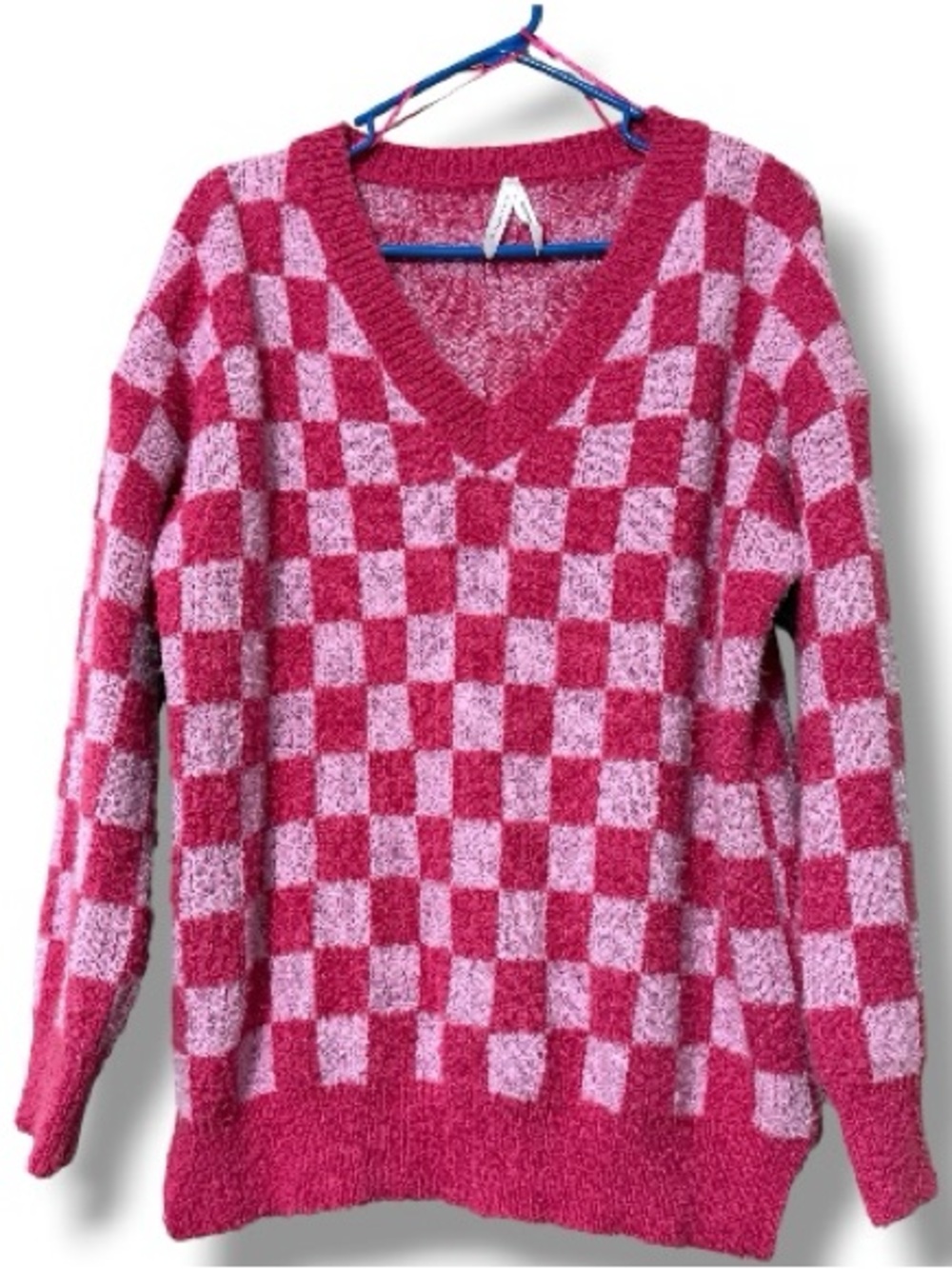 Dreamers by debut size large pullover pink sweater checkered long sleeve casual